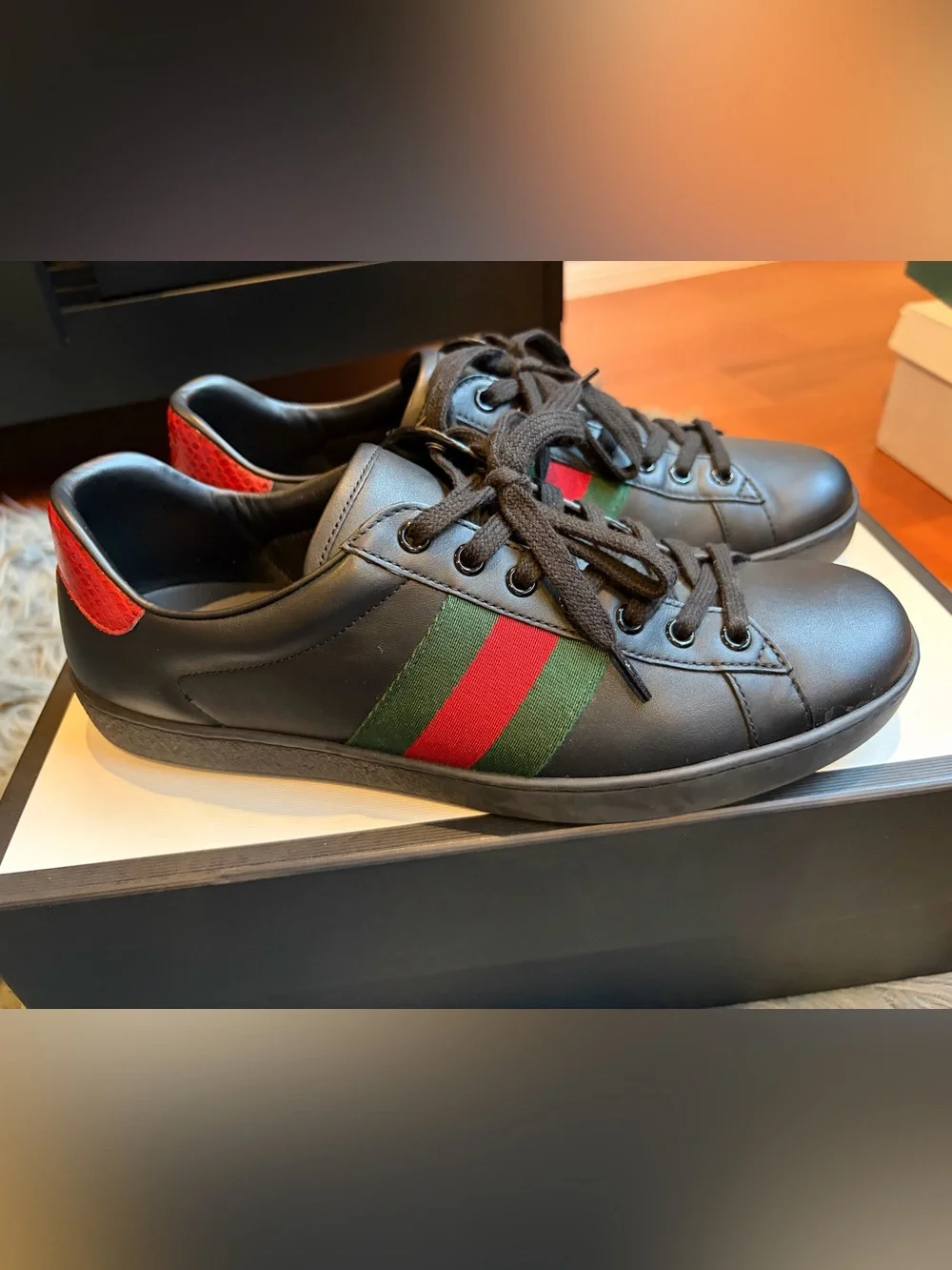 Gucci Black Leather Sneakers with Green & Red Web Stripe